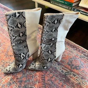 42 Gold Beige and Snakeskin Faux Leather Calf- Length Boot